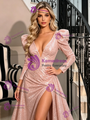 Pink Sequins Long Sleeve Split Prom Dress