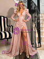 Pink Sequins Long Sleeve Split Prom Dress
