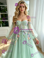 Green Tulle Long Sleeve Apliques Prom Dress