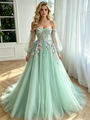 Green Tulle Long Sleeve Apliques Prom Dress