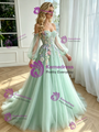 Green Tulle Long Sleeve Apliques Prom Dress