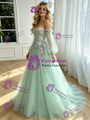 Green Tulle Long Sleeve Apliques Prom Dress
