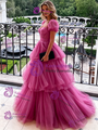 Fuchsia Tulle Puff Sleeve Prom Dress