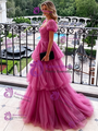 Fuchsia Tulle Puff Sleeve Prom Dress