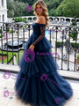 Navy Blue Tulle Long Sleeve Prom Dress