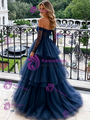 Navy Blue Tulle Long Sleeve Prom Dress