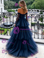 Navy Blue Tulle Long Sleeve Prom Dress