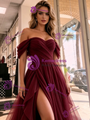 Burgundy Tulle Off the Shoulder Pleats Prom Dress