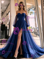 Navy Blue Tulle Long Sleeve Prom Dress