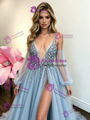 Blue Tulle Long Sleeve Split Prom Dress