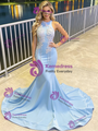 Blue Mermaid Backless Beading Prom Dress
