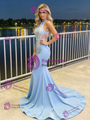 Blue Mermaid Backless Beading Prom Dress