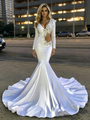 White Mermaid V-neck Long Sleeve Crystal Prom Dress
