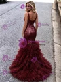 Burgundy Mermaid Tulle Sequins Straps Prom Dress