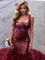 Burgundy Mermaid Tulle Sequins Straps Prom Dress