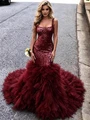 Burgundy Mermaid Tulle Sequins Straps Prom Dress