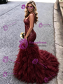 Burgundy Mermaid Tulle Sequins Straps Prom Dress