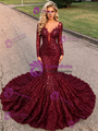 Burgundy Mermaid Sequins Long Sleeve Prom Dress