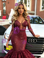 Burgundy Sequins V-neck Long Sleeve Prom Dress