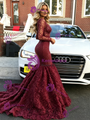 Burgundy Sequins V-neck Long Sleeve Prom Dress