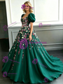 Green Tulle Puff Sleeve Appliques Prom Dress