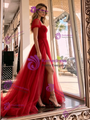 Red Tulle Puff Sleeve Pleats Prom Dres