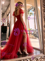 Red Tulle Puff Sleeve Pleats Prom Dres