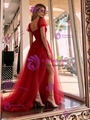 Red Tulle Puff Sleeve Pleats Prom Dres