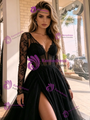 Black Tulle V-neck Long Sleeve Prom Dress