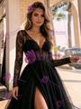 Black Tulle V-neck Long Sleeve Prom Dress
