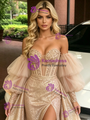 Gold Sequins Long Sleeve Split Prom Dress