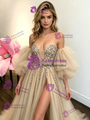Champagne Tulle Off the Shoulder Sequins Prom Dress