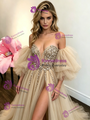 Champagne Tulle Off the Shoulder Sequins Prom Dress