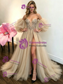 Champagne Tulle Off the Shoulder Sequins Prom Dress