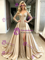 Champagne Satin Sequins Long Sleeve Prom Dress