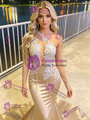 Gold Mermaid Long Sleeve Beading Prom Dress