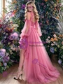 Fuchsia Tulle Long Sleeve Hi Lo Prom Dress