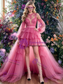 Fuchsia Tulle Long Sleeve Hi Lo Prom Dress