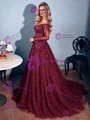 Burgundy Lace Long Sleeve Prom Dress