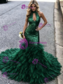 Green Mermaid Sequins Halter Prom Dress