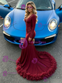 Burgundy Mermaid Long Sleeve Appliques Prom Dress