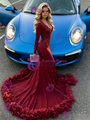 Burgundy Mermaid Long Sleeve Appliques Prom Dress