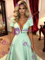 Green V-neck Short Sleeve Prom Dress