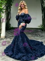 Navy Blue Mermaid Sequins Long Sleeve Prom Dress