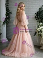 Pink Tulle Puff Sleeve Pleats Beading Prom Dress