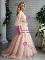 Pink Tulle Puff Sleeve Pleats Beading Prom Dress
