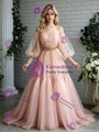 Pink Tulle Puff Sleeve Pleats Beading Prom Dress