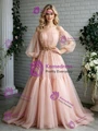 Pink Tulle Puff Sleeve Pleats Beading Prom Dress