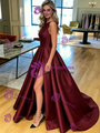 Burgundy Satin Split Prom Dress