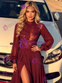 Burgundy Long Sleeve Appliques Prom Dress